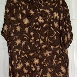Jones New York Dark Brown Silk Floral Short Sleeve Blouse